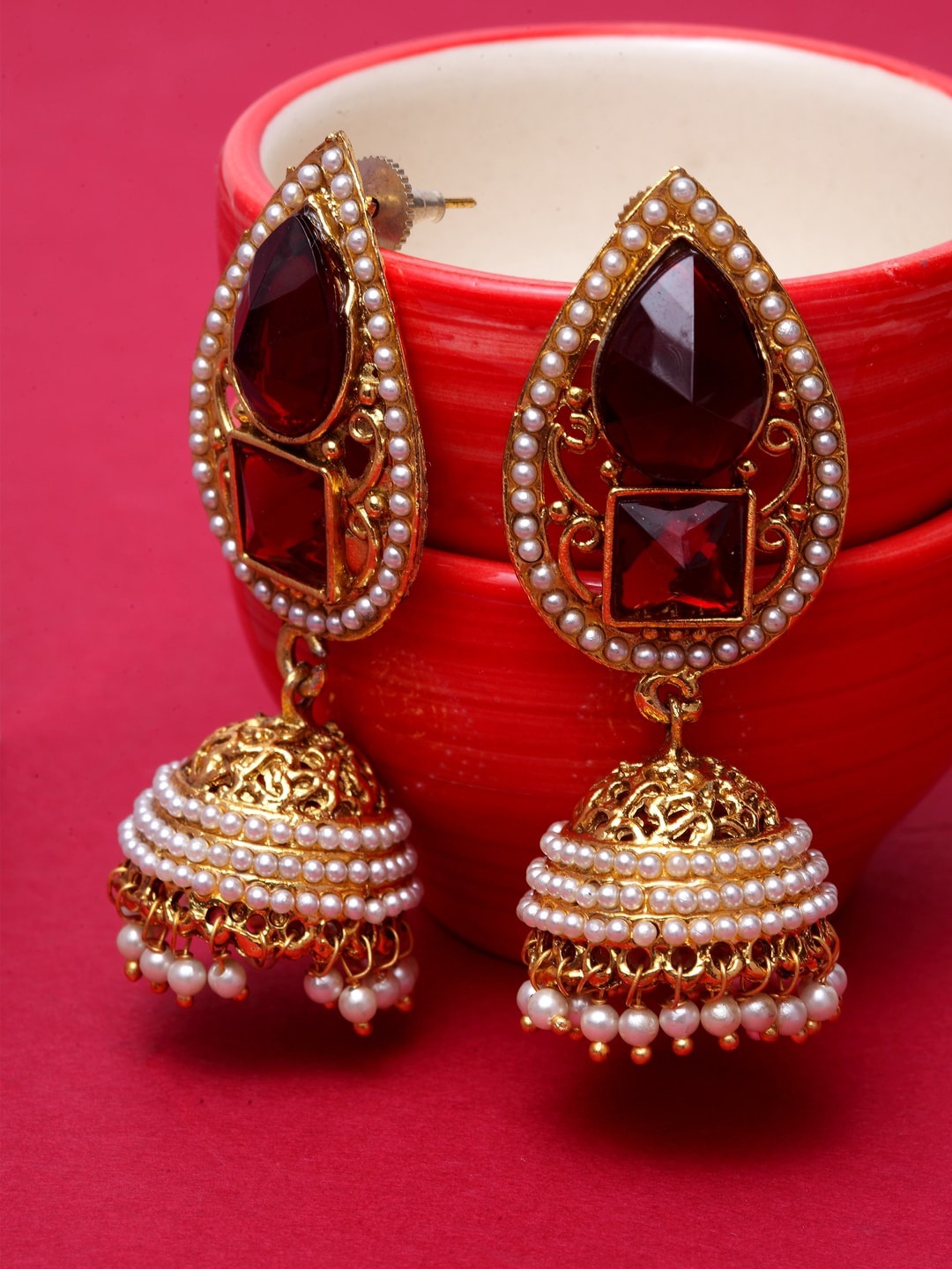 

ANIKAS CREATION Maroon & Gold-Toned Teardrop Shaped Jhumkas