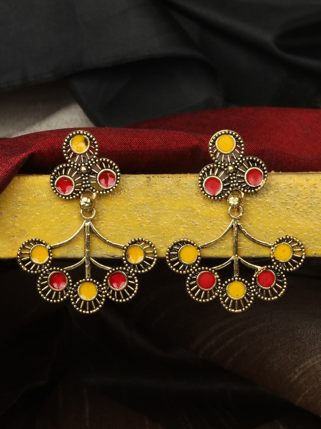 

ANIKAS CREATION Gold-Plated & Yellow Floral Drop Earrings