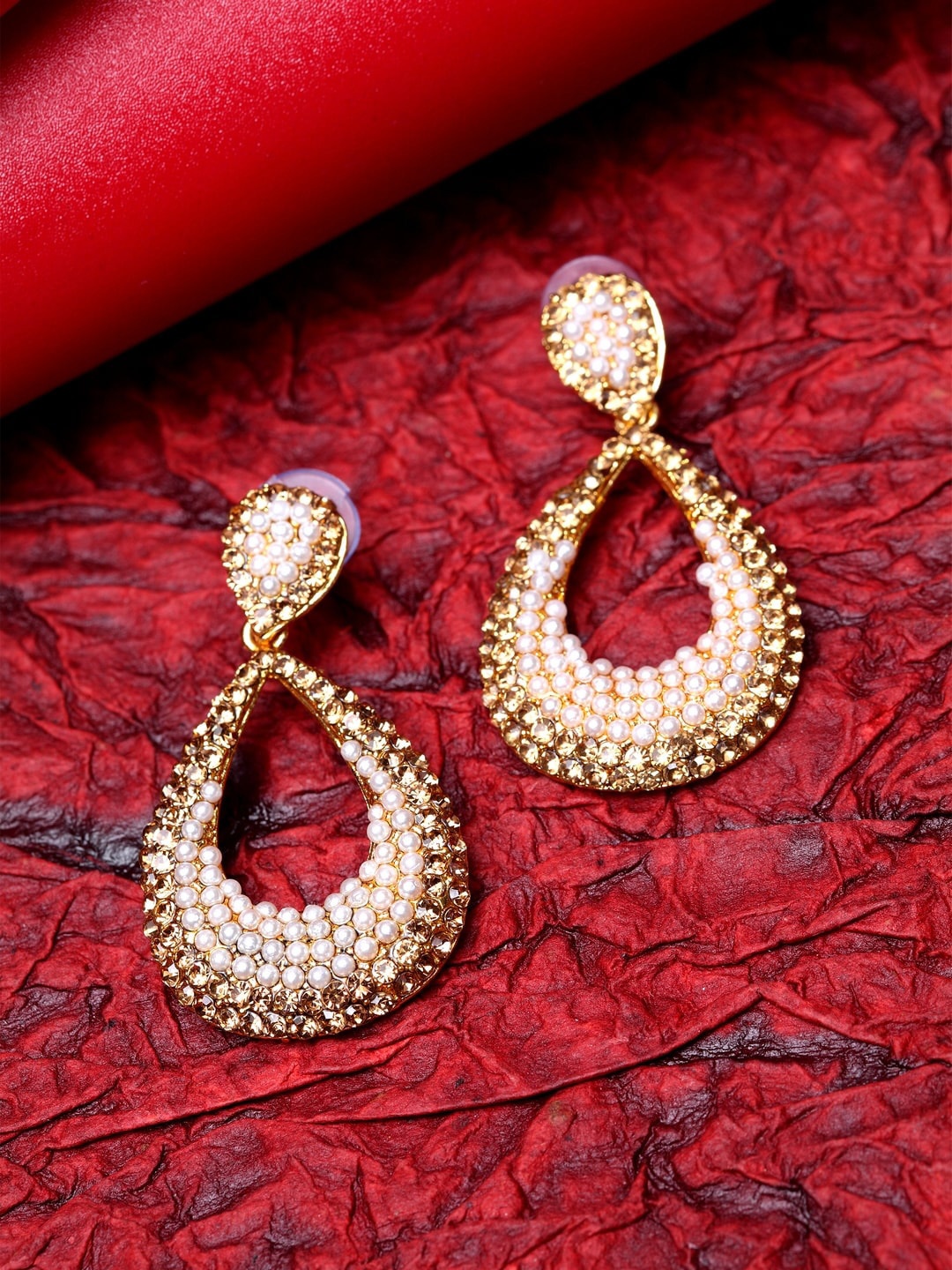 ANIKAS CREATION Gold-Toned Teardrop Shaped Drop Earrings