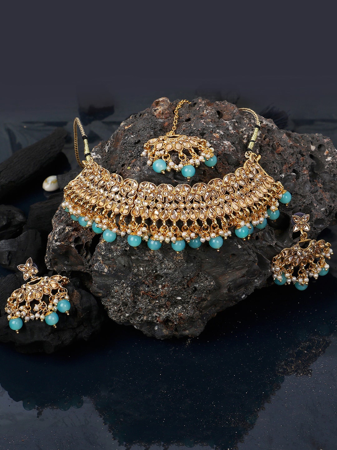 

ANIKAS CREATION Gold-Plated Tan-Brown & Turquoise Blue Kundan-Studded & Beaded Handcrafted Jewellery Set