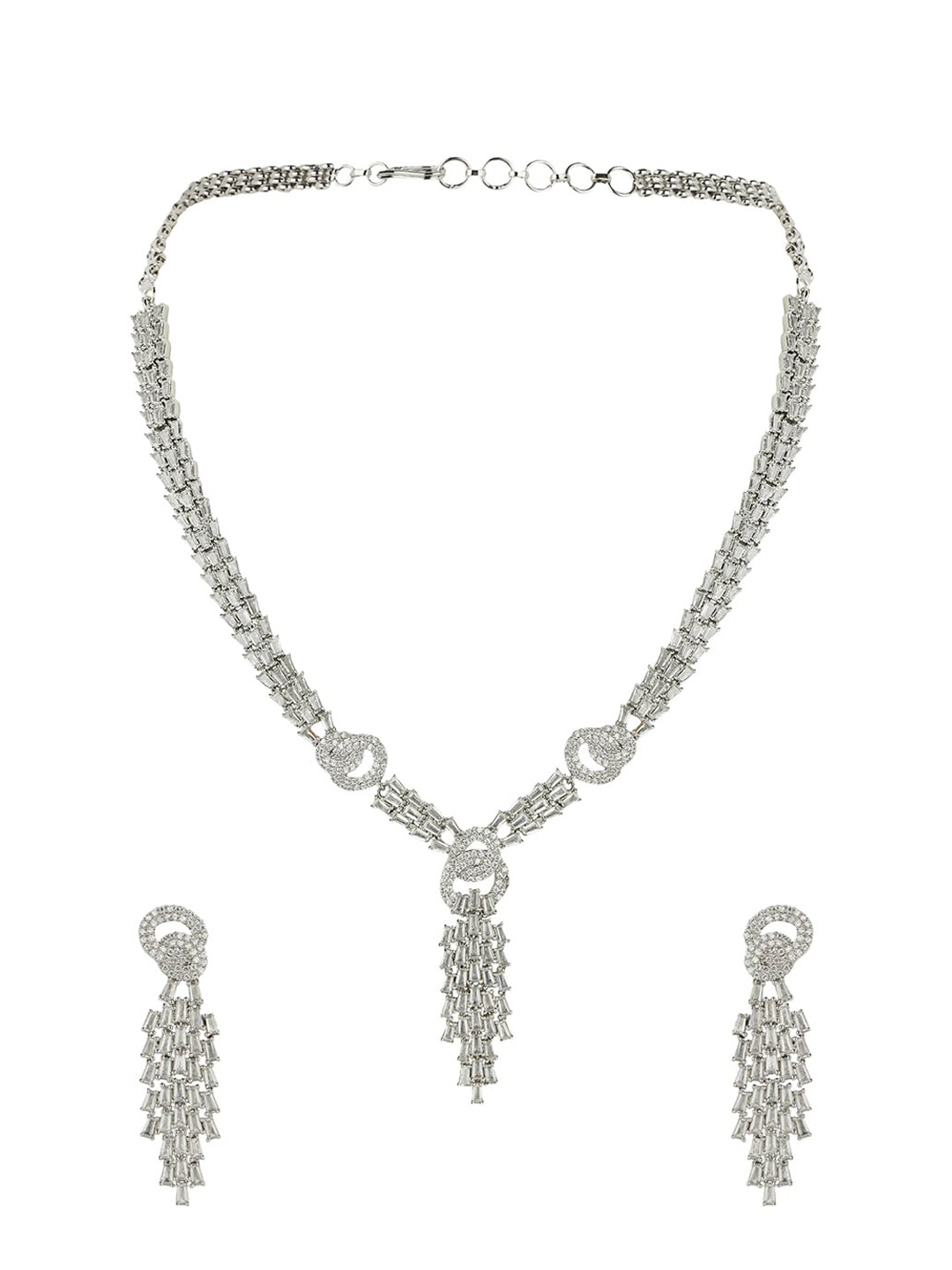 

ANIKAS CREATION Silver-Plated White American Diamond-Studded Jadau Jewellery Set