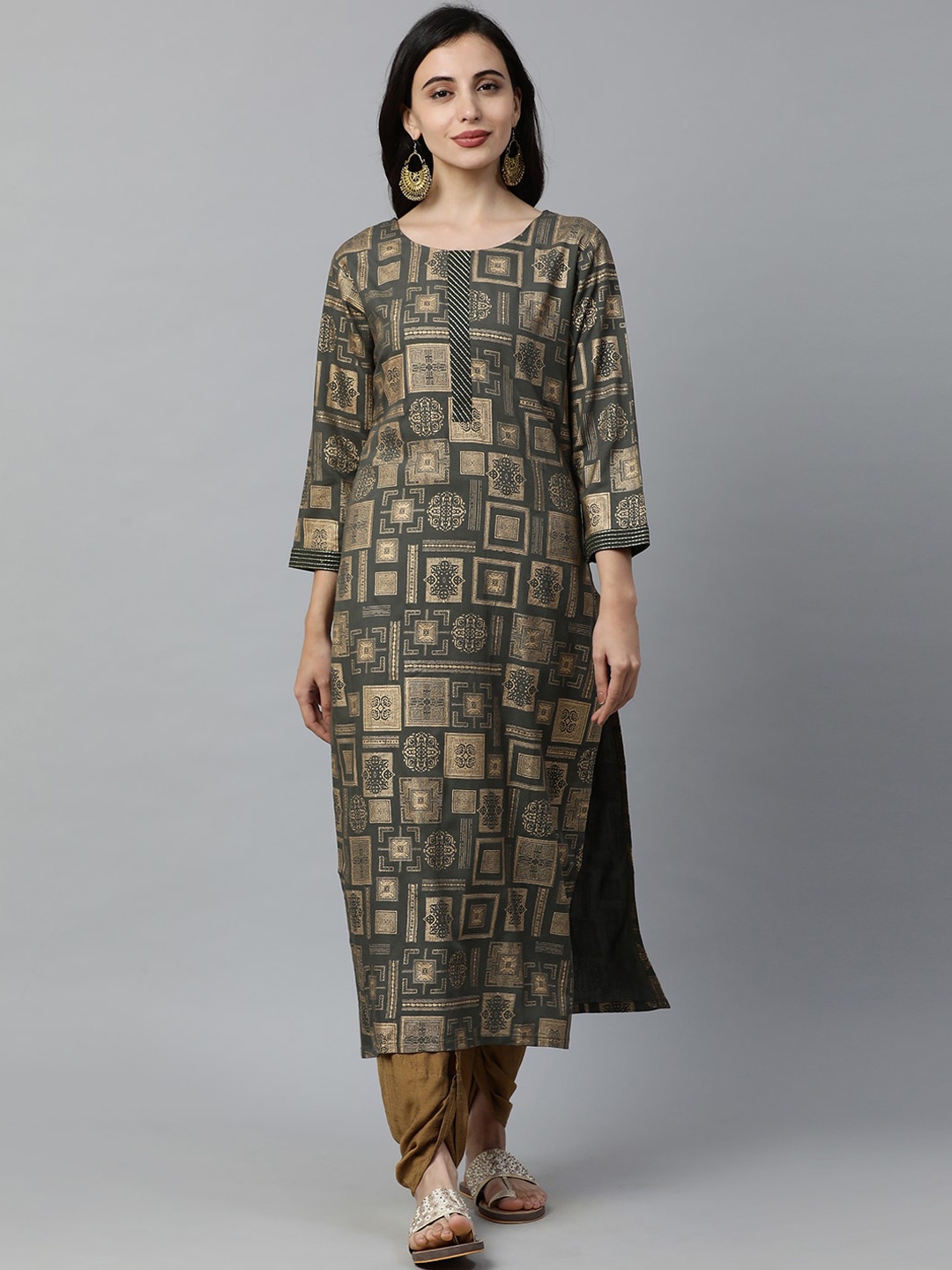 Indo Era Women Green Printed Straight Kurta
