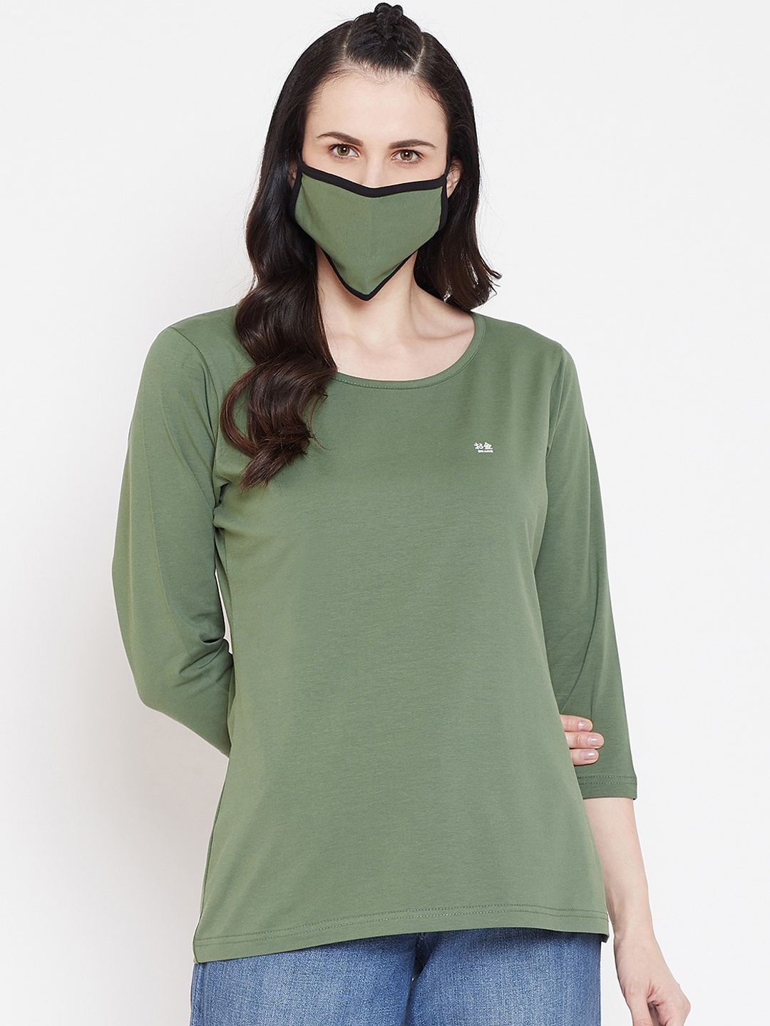 Okane Women Olive Green Solid Boat Neck T-shirt