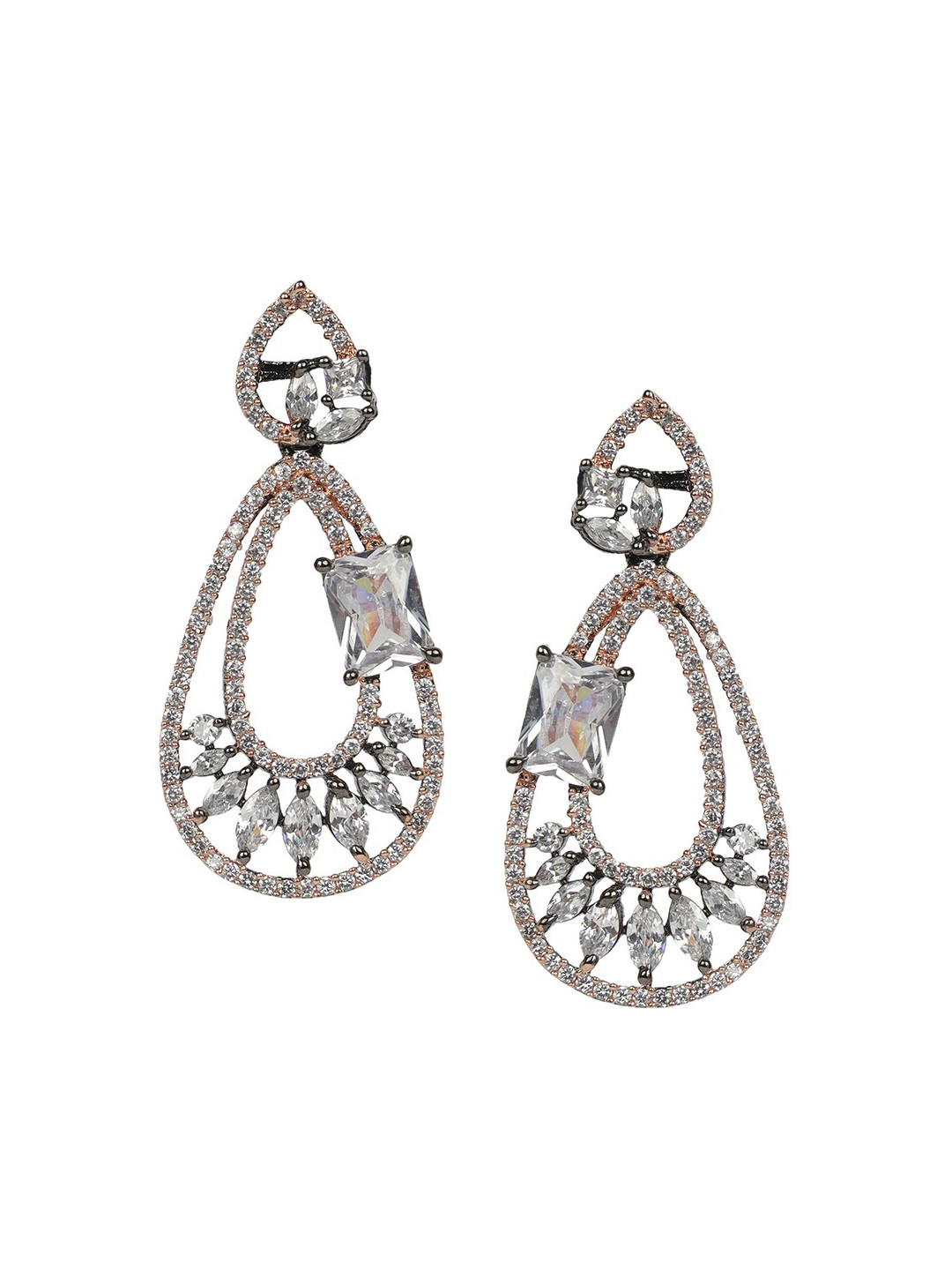 

ANIKAS CREATION Rhodium-Plated American Diamond Stone Teardrop Shaped Drop Earrings, Metallic