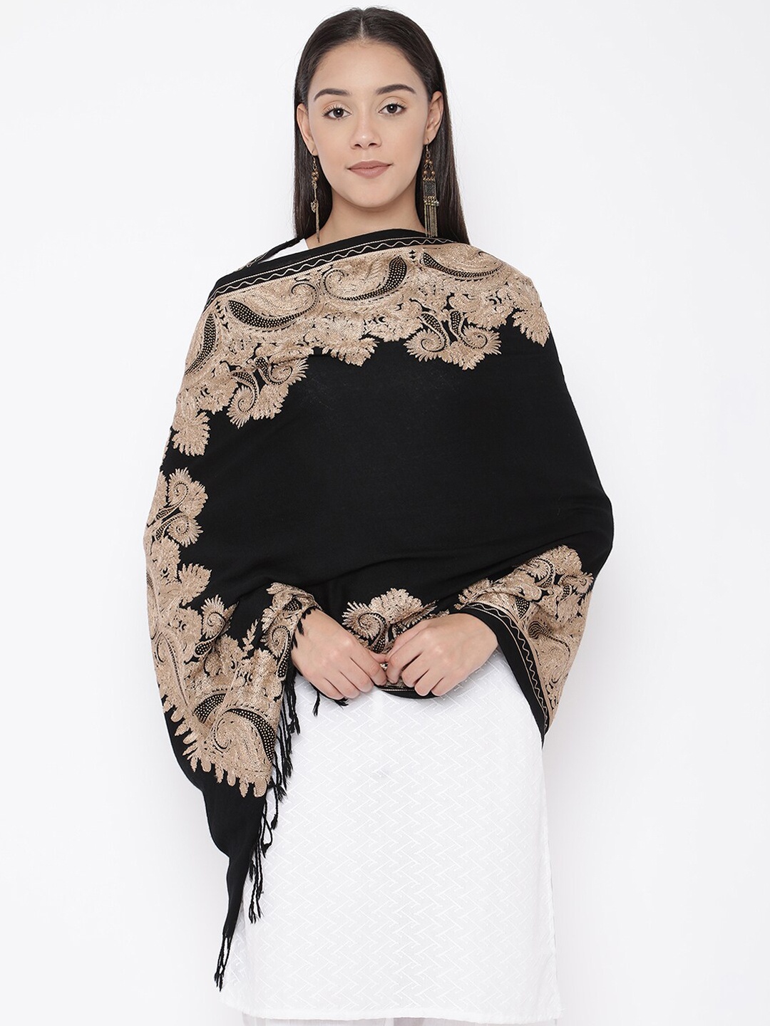 

Pashmoda Women Black & Beige Embroidered Pure Wool Stole