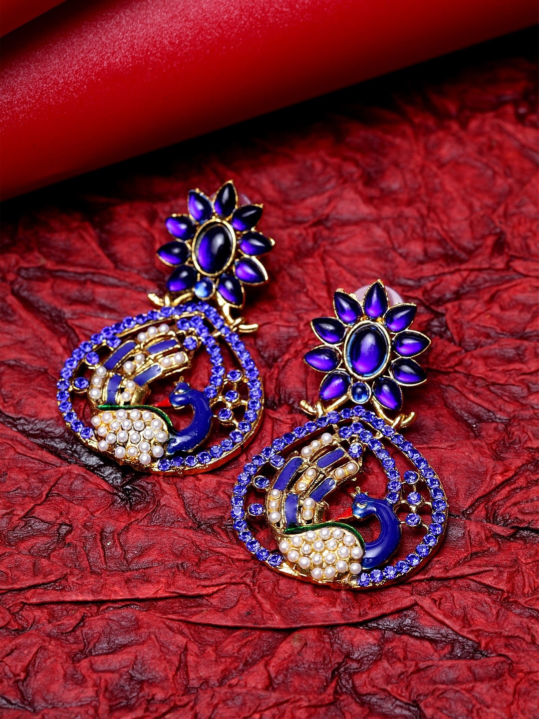 ANIKAS CREATION Blue & Gold-Toned Classic Drop Earrings