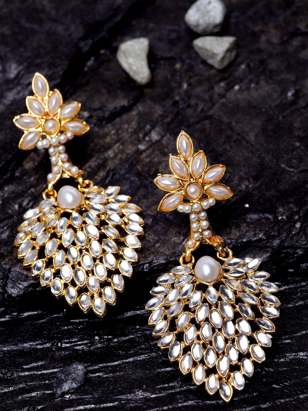 

ANIKAS CREATION Gold-Plated & Off-White Classic Drop Earrings