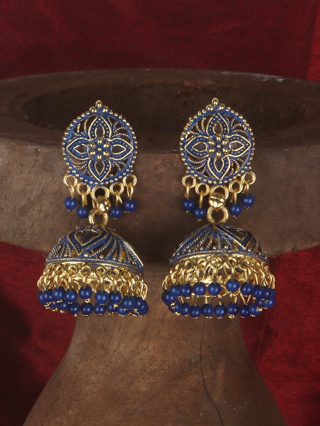 

ANIKAS CREATION Gold-Plated & Blue Enamelled Dome Shaped Jhumkas