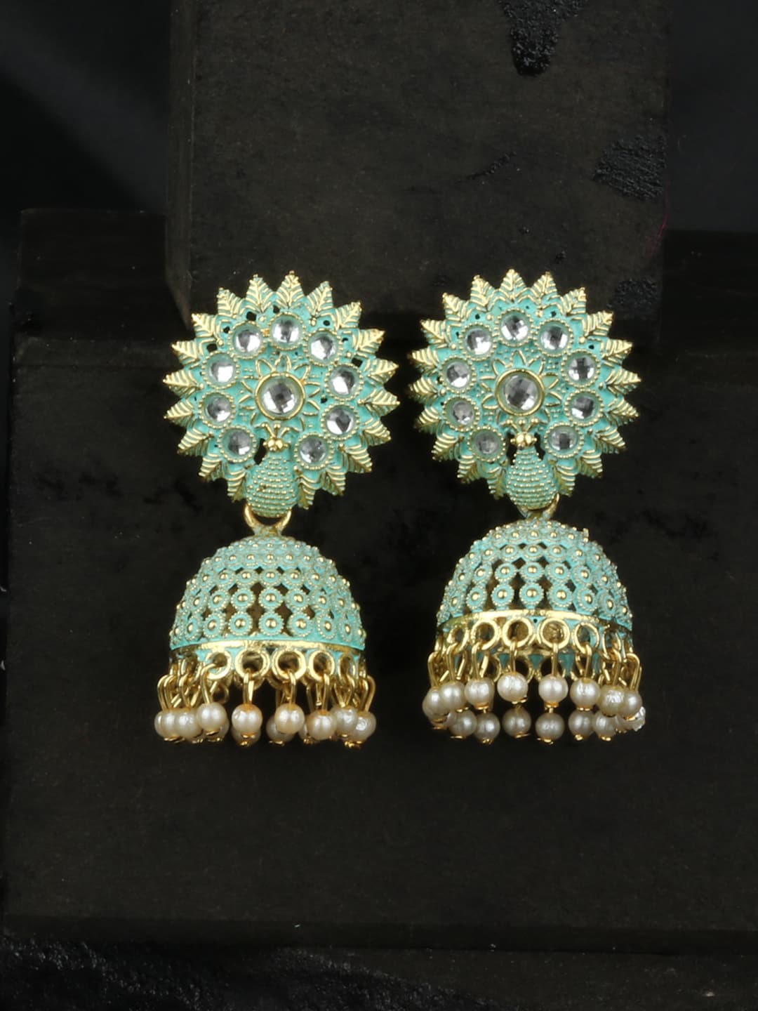 

ANIKAS CREATION Sea Green & Gold-Plated Dome Shaped Jhumkas