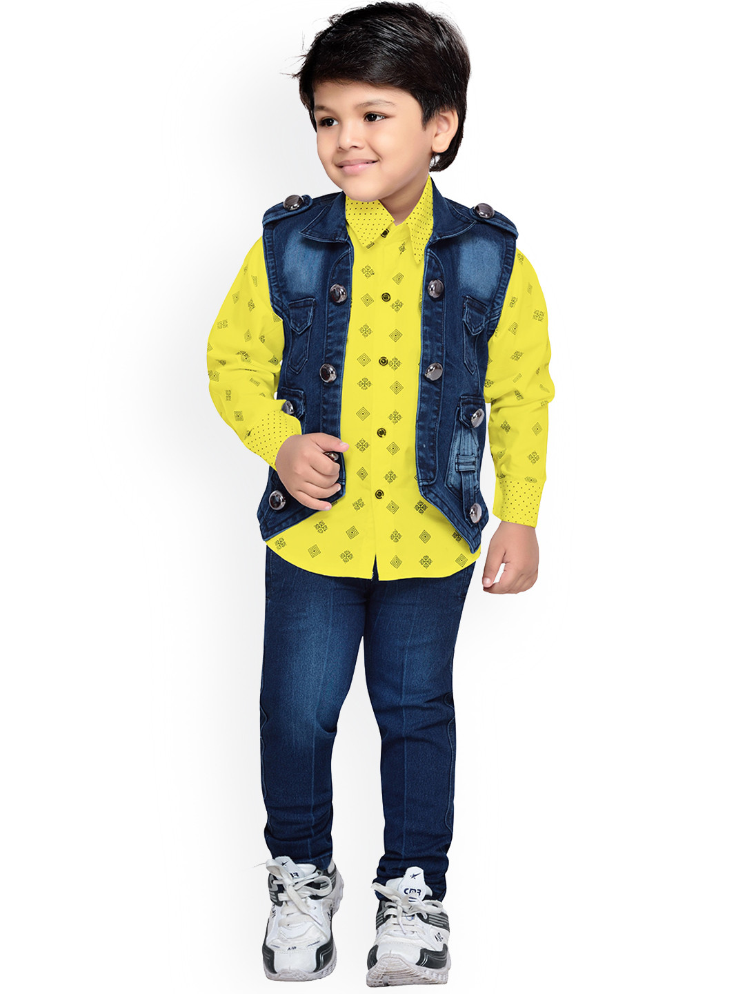 

Aj DEZInES Boys Yellow & Blue Printed Shirt with Trousers