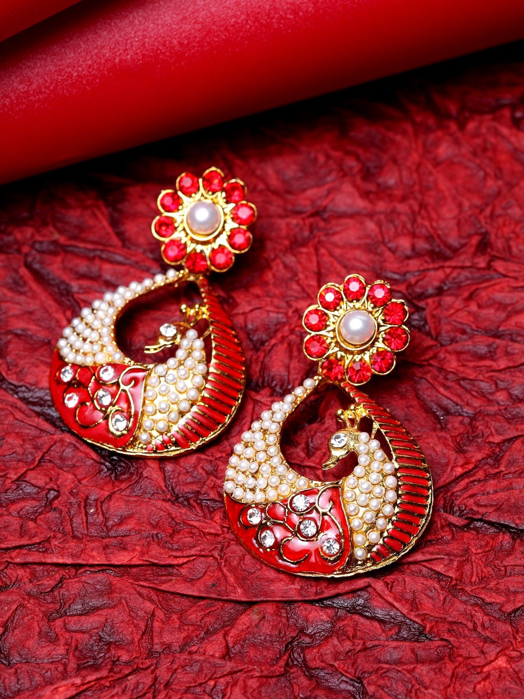 

ANIKAS CREATION Maroon & Gold-Toned Oval Drop Earrings