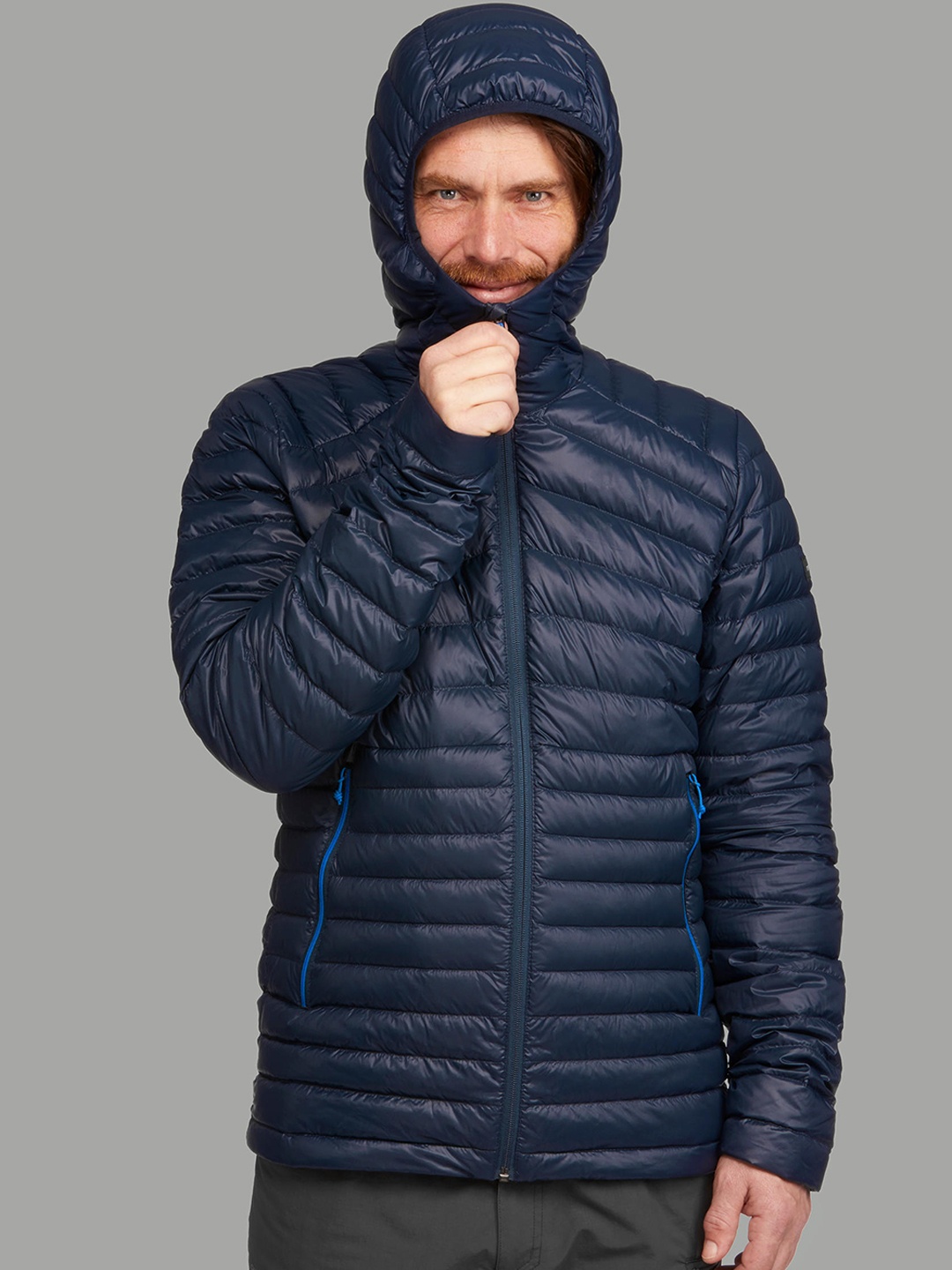 

FORCLAZ By Decathlon Men Navy Blue Non-Hooded Down Feather Puffer Jacket(Upto -5 Degrees)