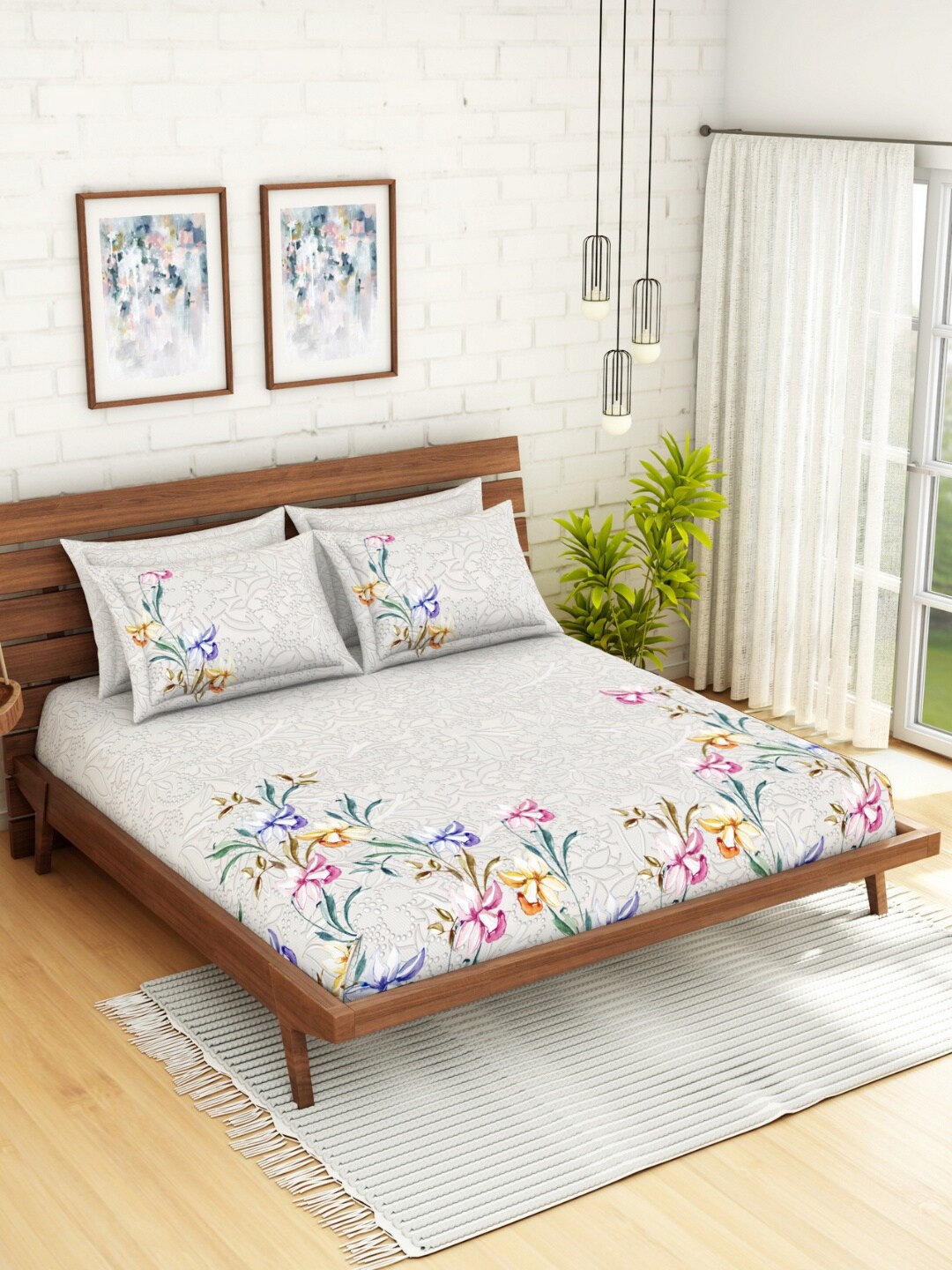 

SPACES Grey & Blue Floral 400 TC Cotton 1 King Bedsheet with 4 Pillow Covers