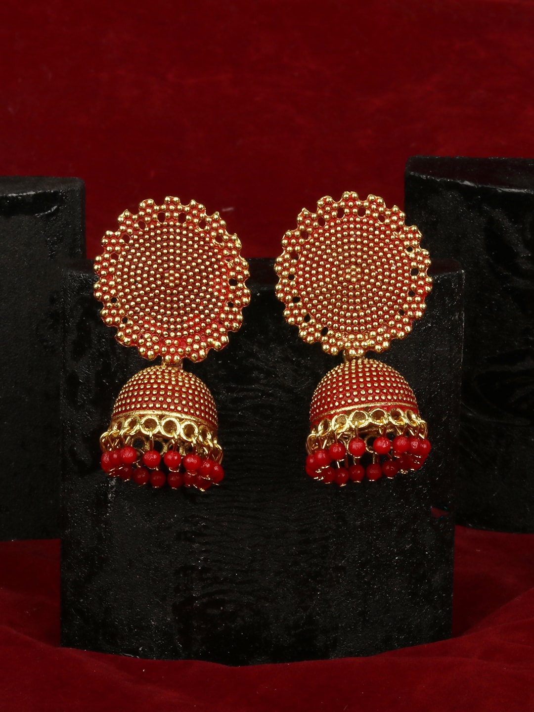 

ANIKAS CREATION Red Dome Shaped Jhumkas