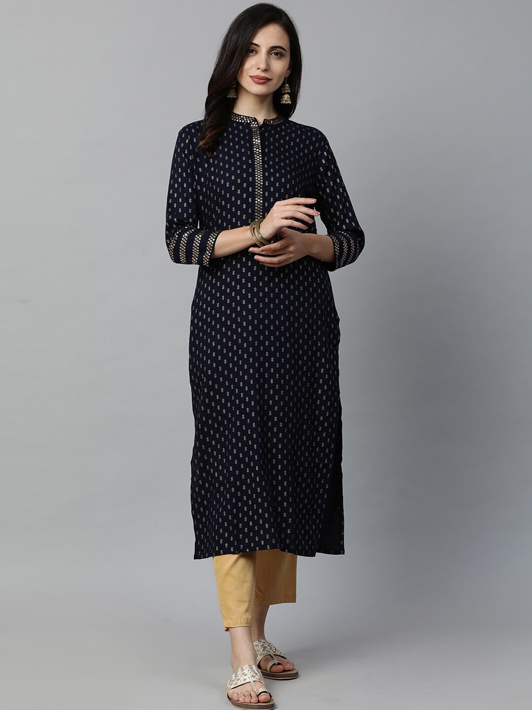 

Indo Era Women Navy Blue & Gold-Toned Woven Design Straight Kurta