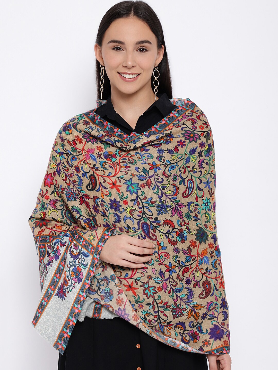 Pashmoda Women Beige Printed Pure Wool Stole