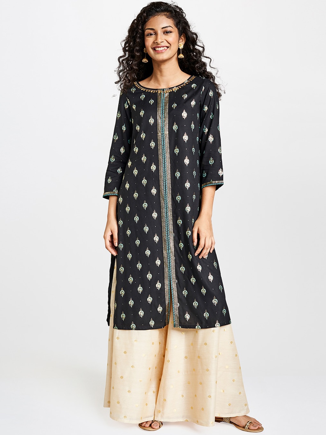 

Global Desi Women Black Printed A-Line Kurta