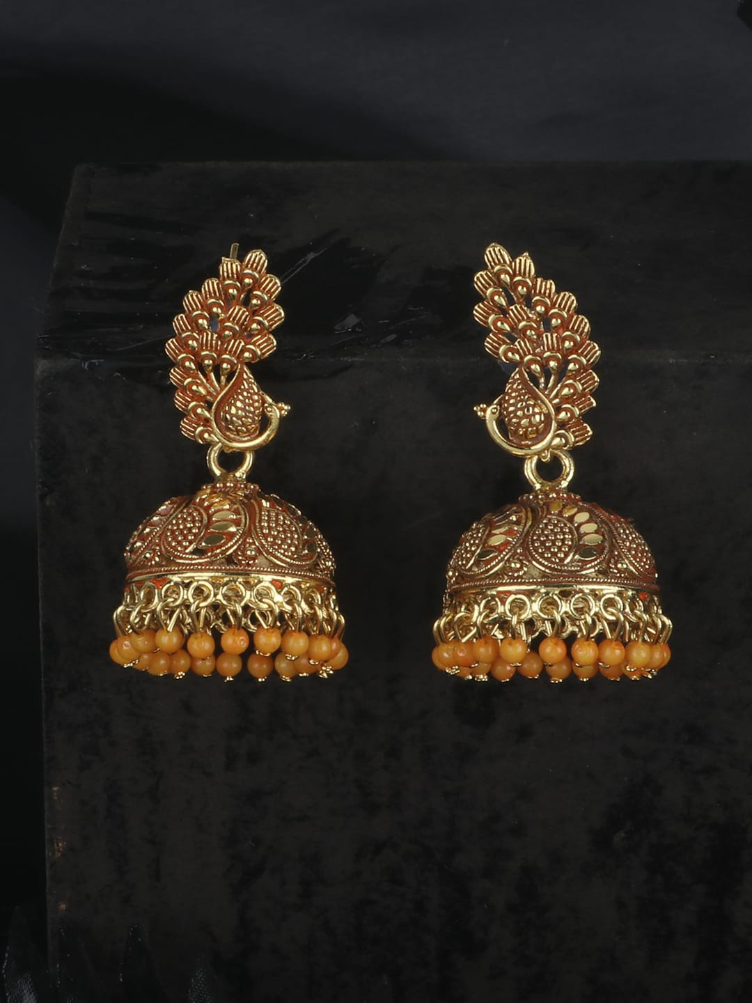 

ANIKAS CREATION Gold-Plated & Brown Enamelled Dome Shaped Jhumkas