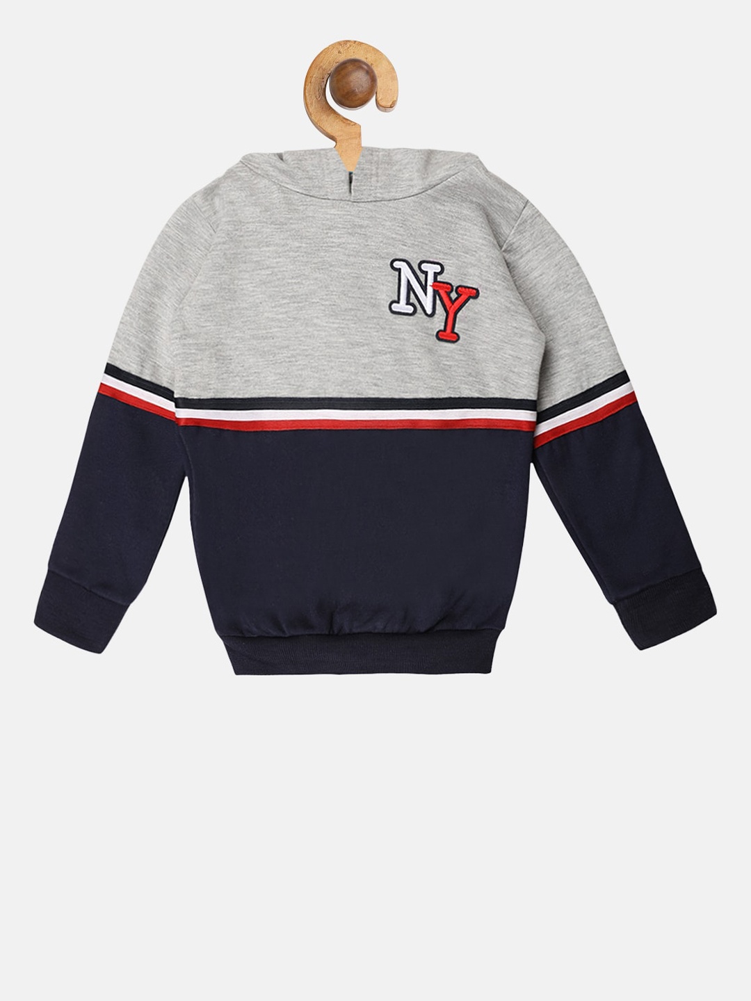 Lazy Shark Boys Grey Melange & Black Colourblocked Hooded Sweatshirt