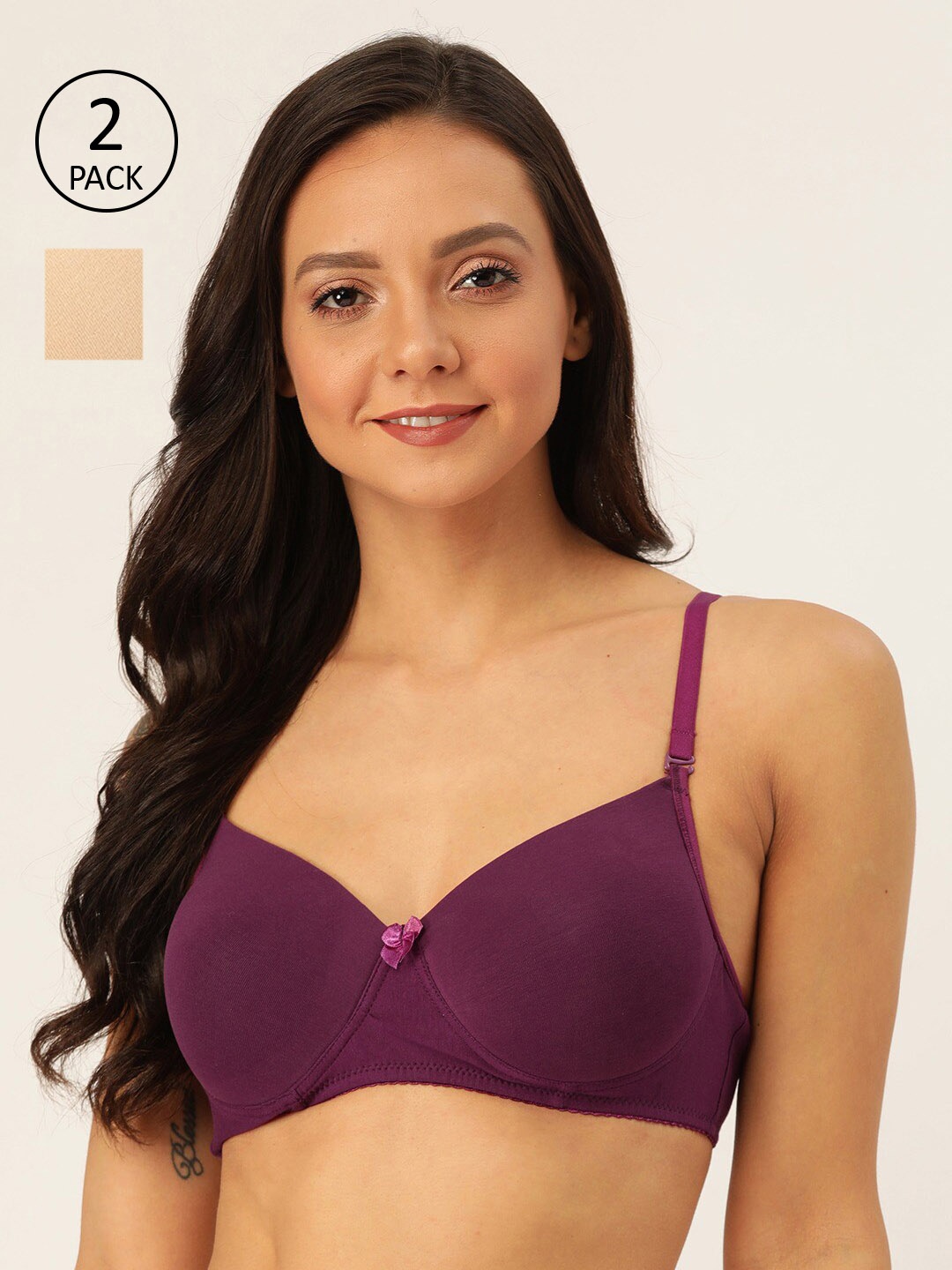 

Lady Lyka Pack of 2 Solid Non-Wired Lightly Padded T-shirt Bras WHITE-ROSE-PPL-SKN, Purple