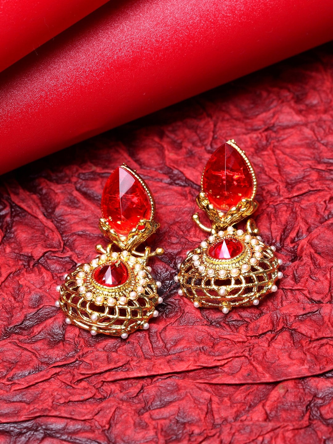 

ANIKAS CREATION Red & Gold-Toned Classic Drop Earrings