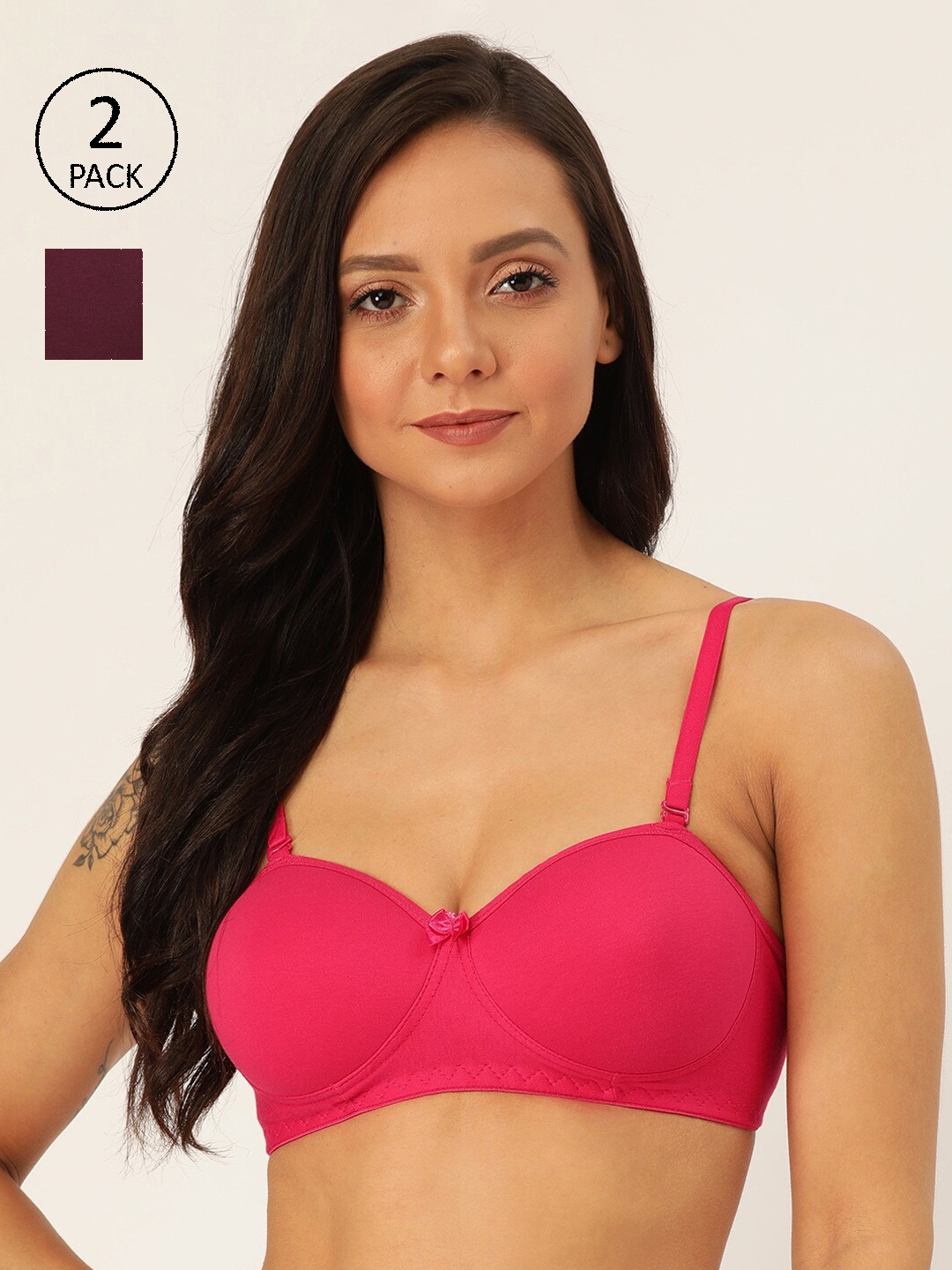 

Lady Lyka Pack Of 2 Solid Non-Wired Lightly Padded T-shirt Bra SWEET18-FCA-PPL, Fuchsia