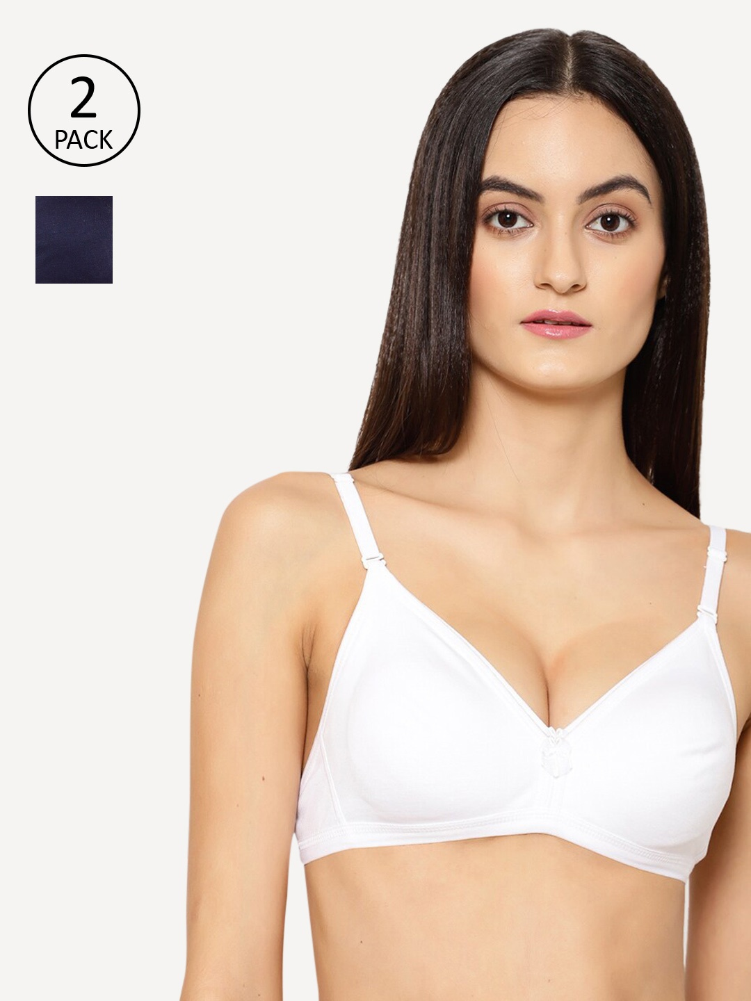 Floret Navy Pack of 2 Solid Non-Wired Non Padded T-shirt Bras T3005, Navy blue