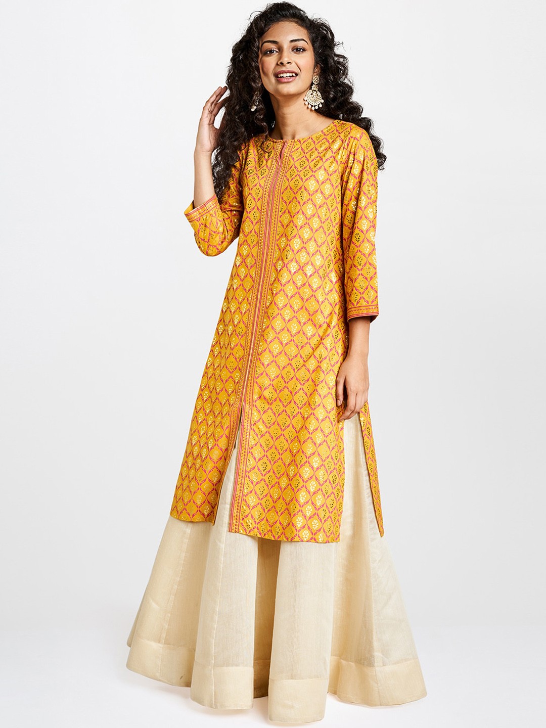 

Global Desi Women Mustard Yellow & Pink Woven Design Straight Kurta
