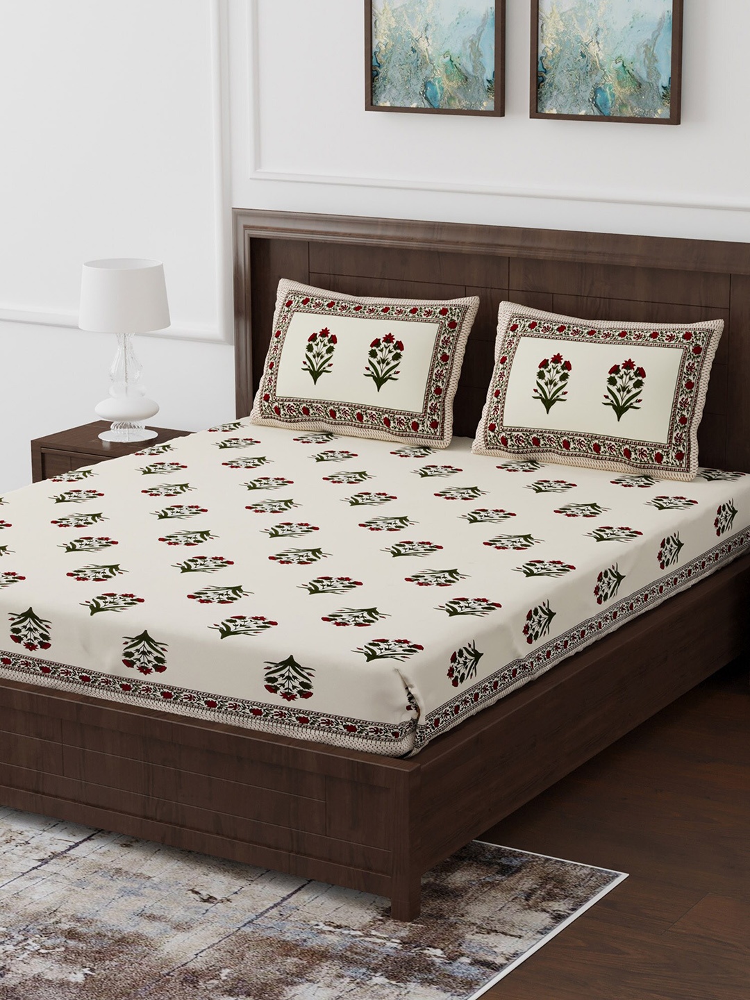 

Gulaab Jaipur Off-White & Red Floral 250 TC Cotton 1 King Bedsheet with 2 Pillow Covers