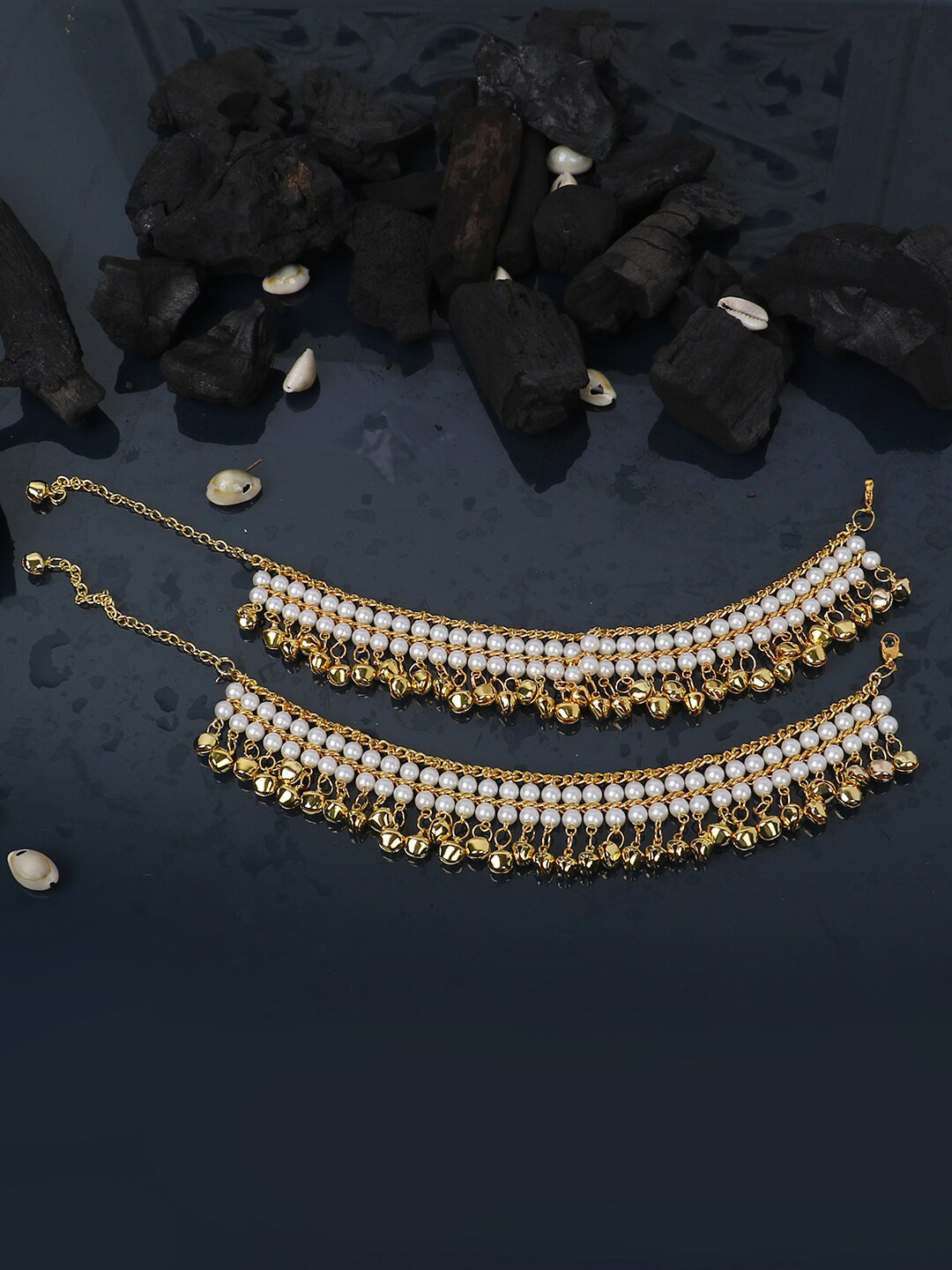 

ANIKAS CREATION Set of 2 Gold-Plated & White Kundan-Studded Traditional Anklets
