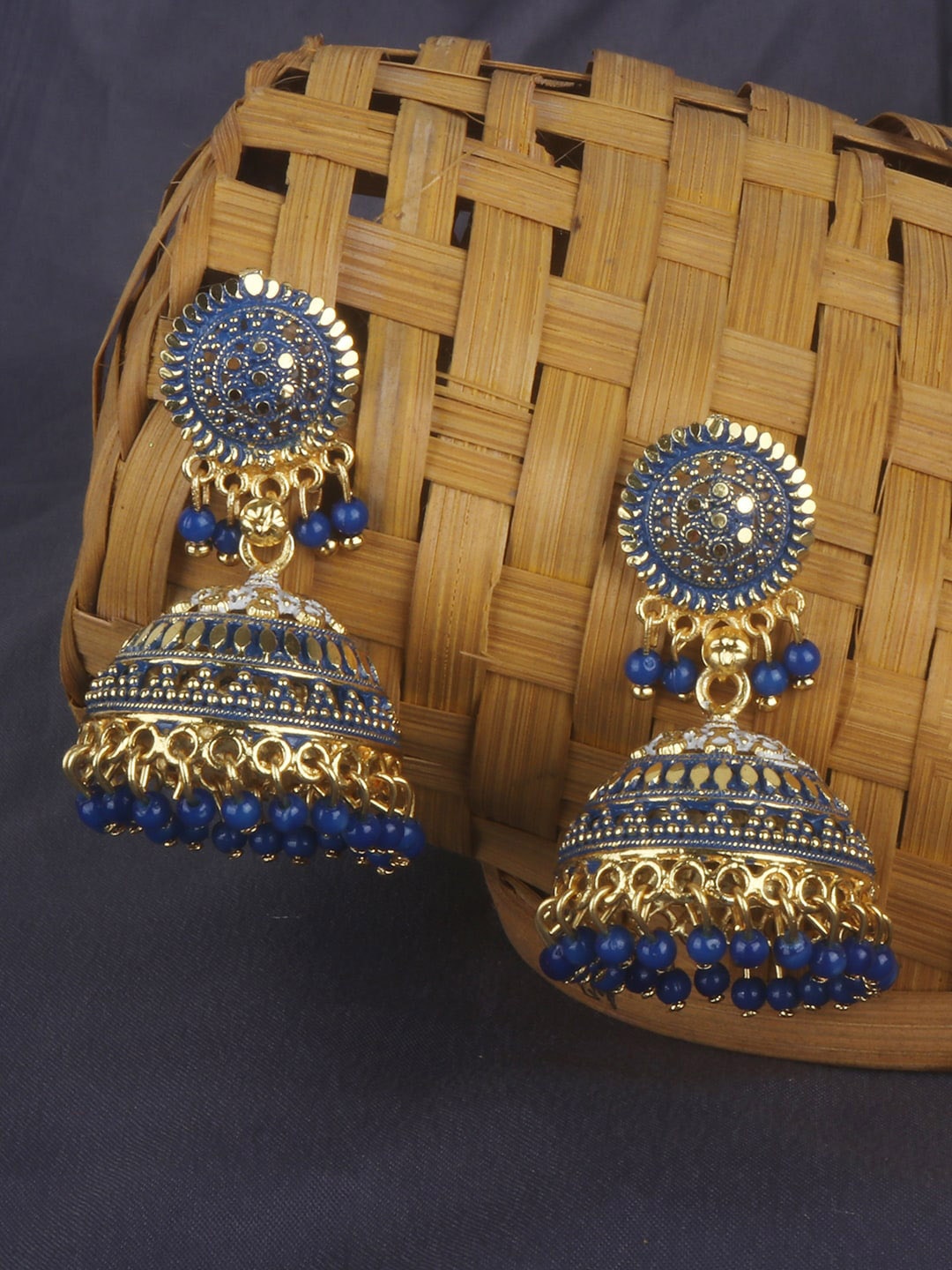 

ANIKAS CREATION Gold-Plated & Blue Enamelled Dome Shaped Jhumkas