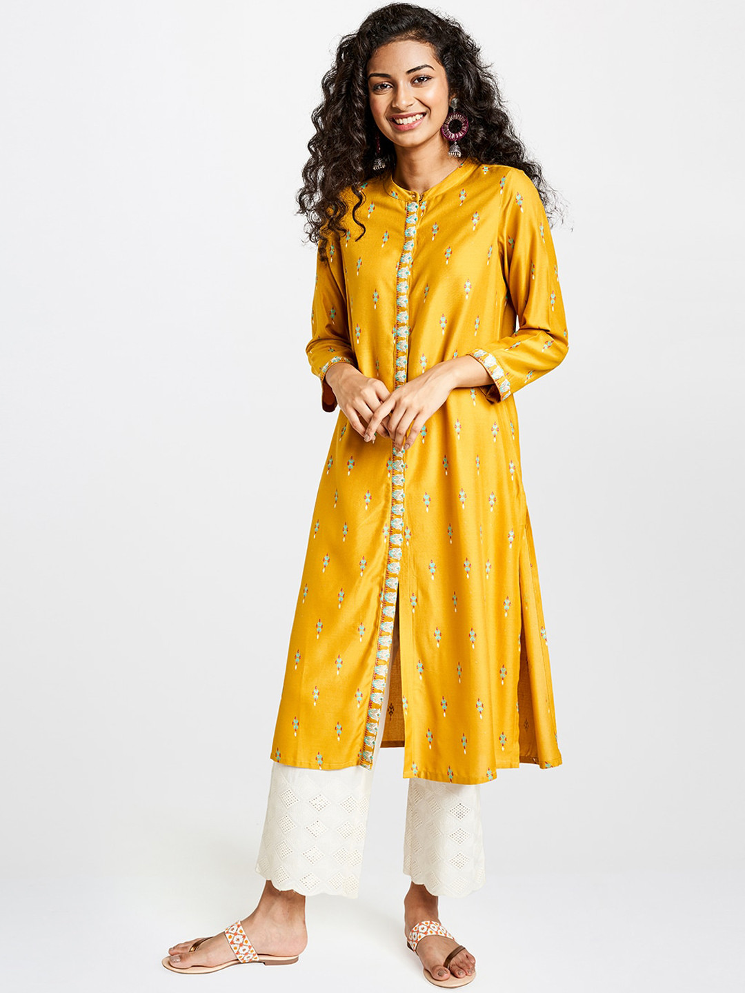

Global Desi Women Mustard Yellow Woven Design A-Line Kurta