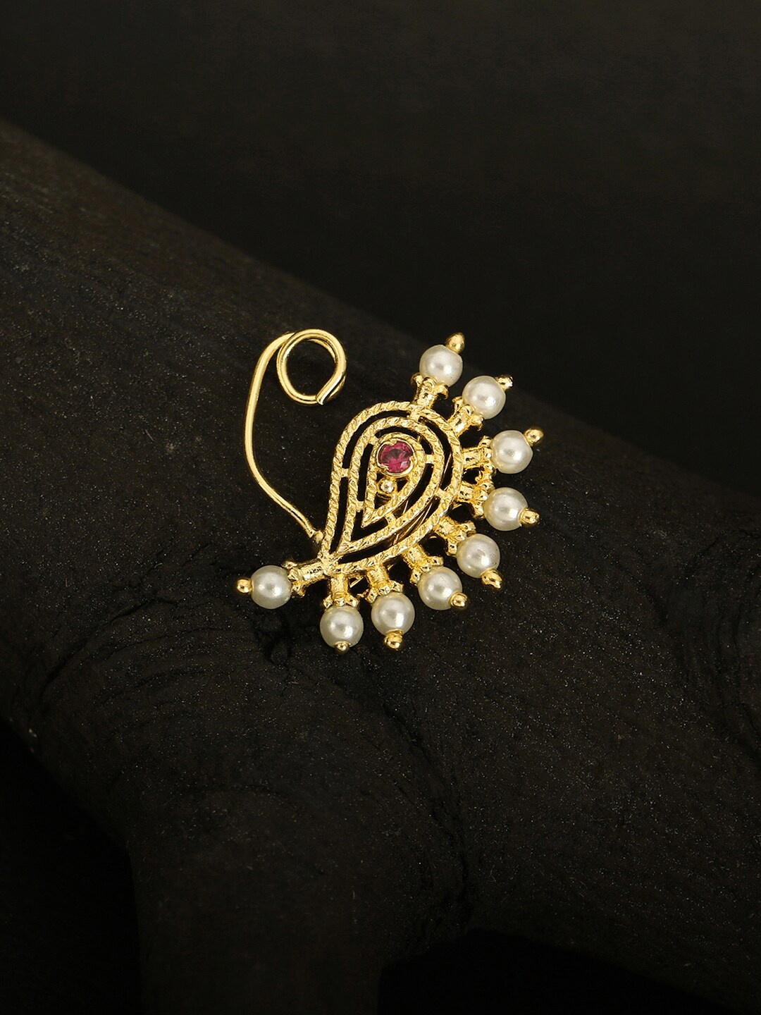 

Adwitiya Collection 24-CT Gold-Plated White & Pink Marathi Stone-Studded & Pearl Beaded Nose Pin