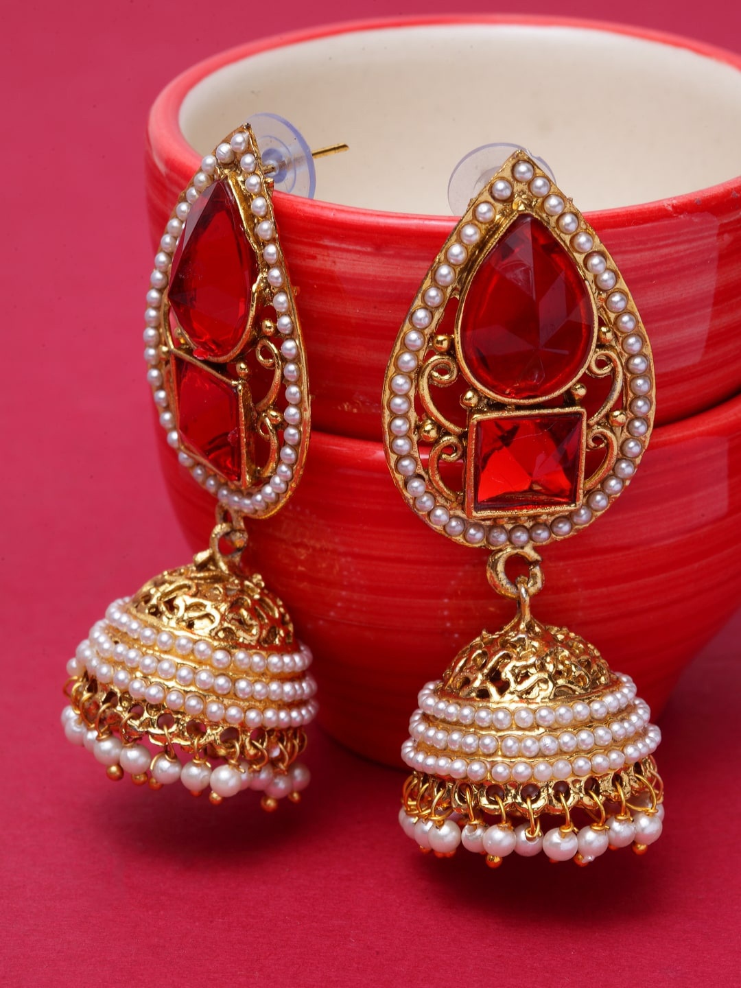 

ANIKAS CREATION Red & Gold-Plated Teardrop Shaped Jhumkas