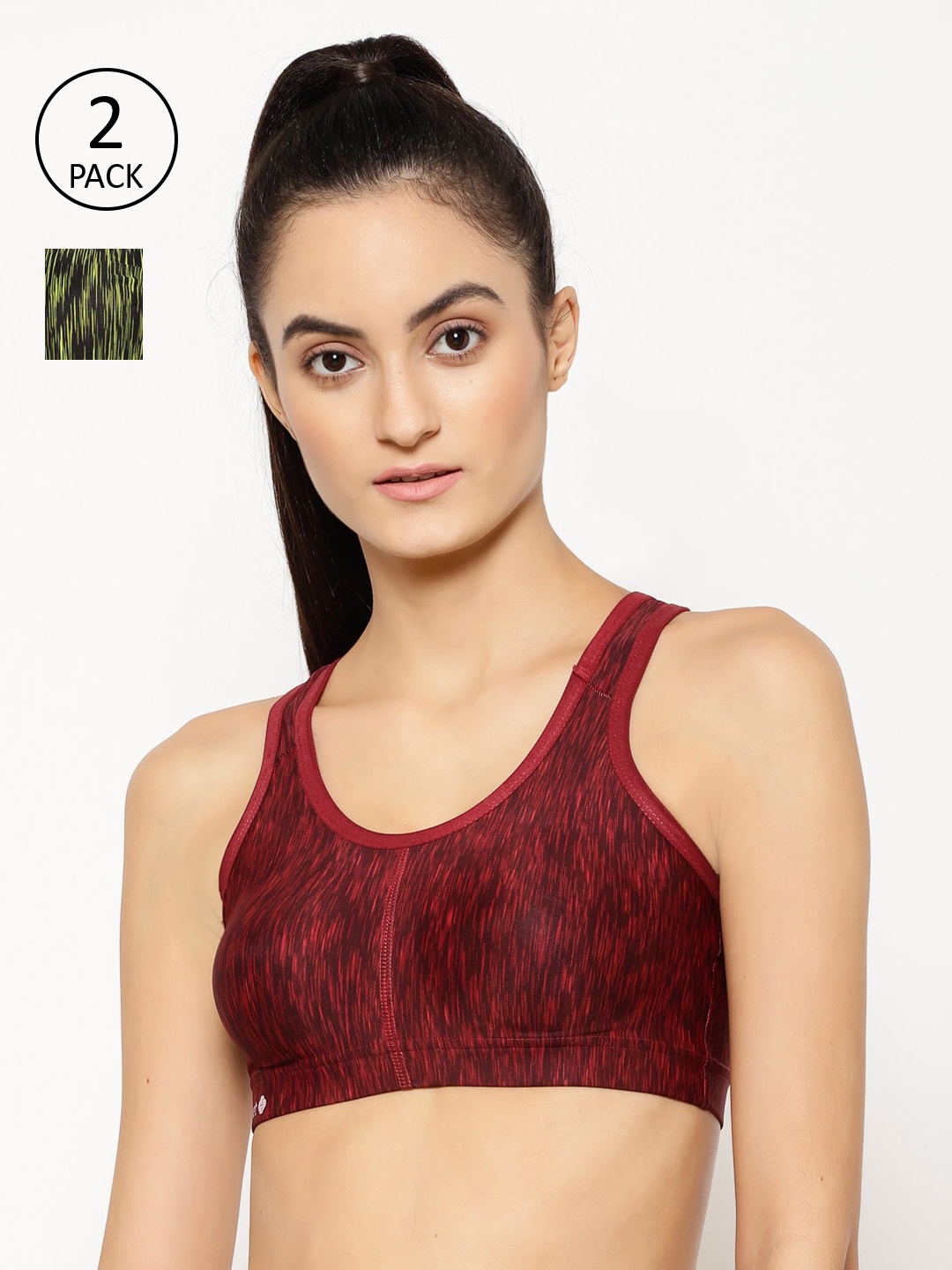 

Floret Pack Of 2 Printed Non-Wired Lightly Padded Workout Bras T3066_Maroon-Lime Green_30B