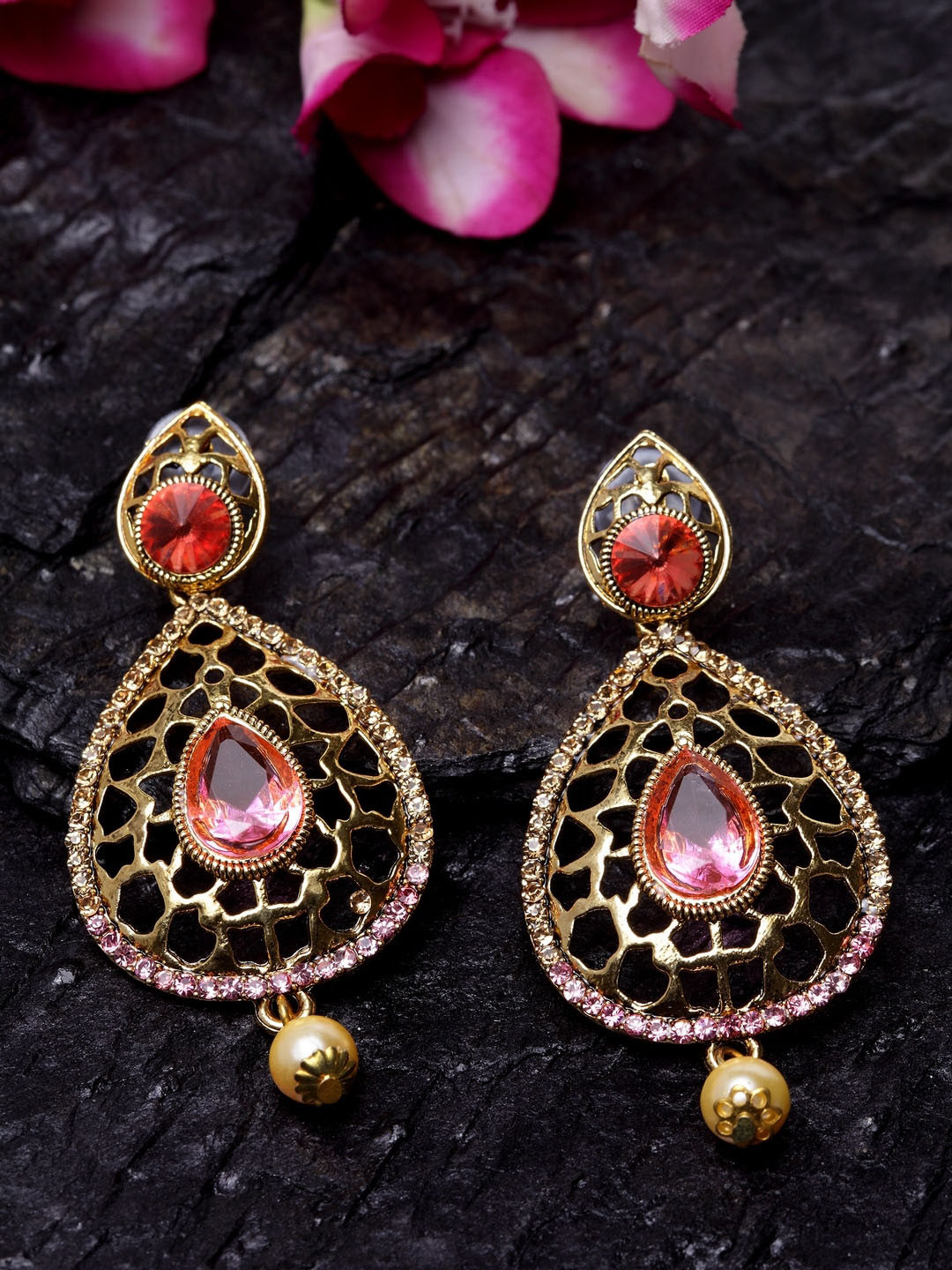 

ANIKAS CREATION Pink & Gold-Plated Teardrop Shaped Drop Earrings