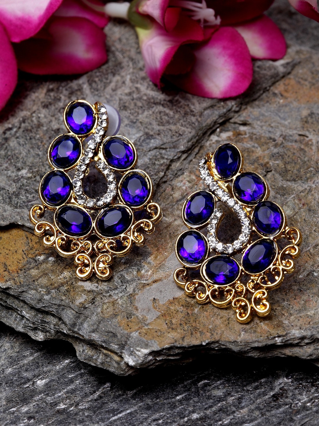 

ANIKAS CREATION Gold-Plated & Navy Blue Classic Drop Earrings