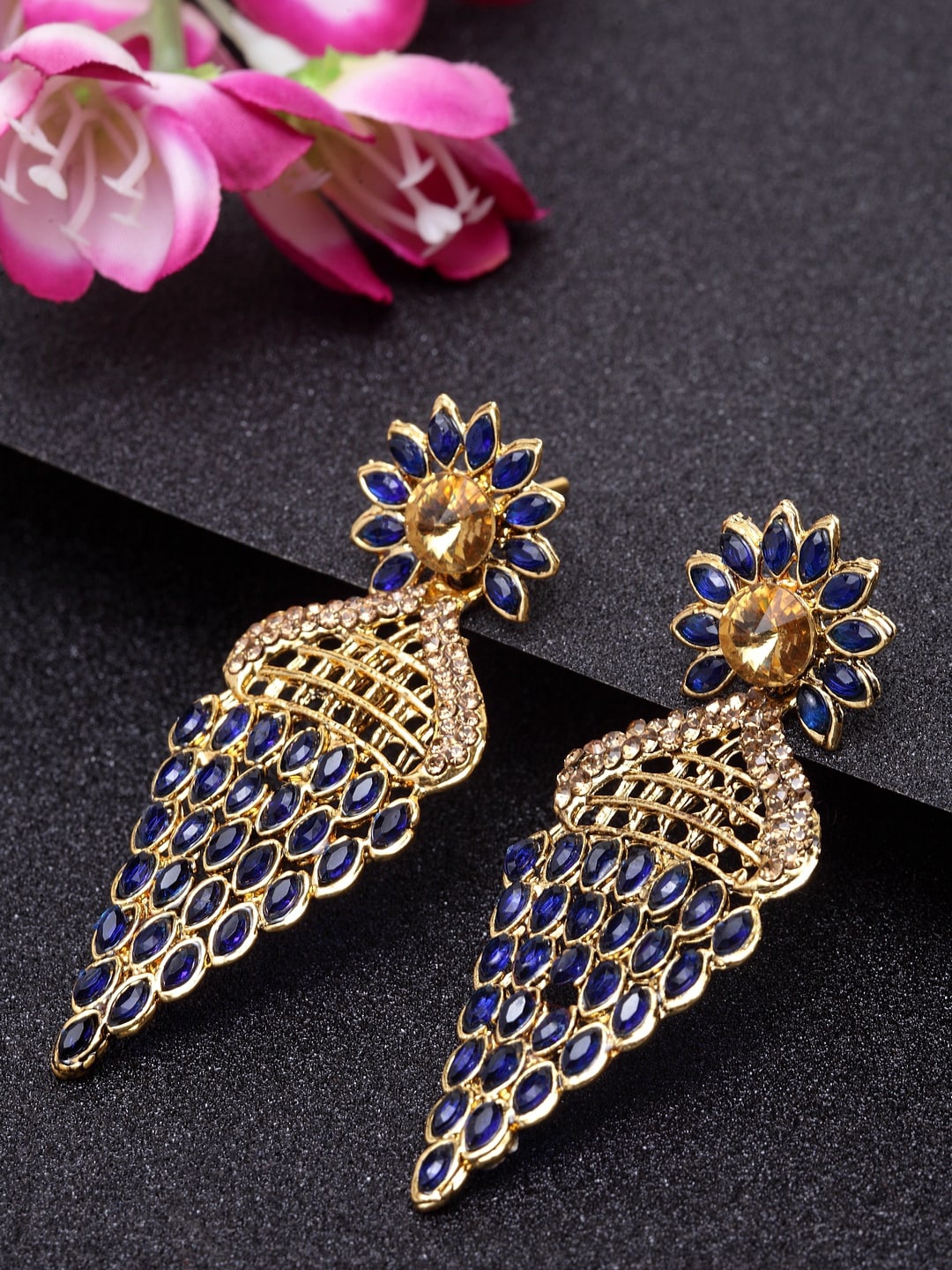 

ANIKAS CREATION Blue & Gold-Plated Geometric Drop Earrings