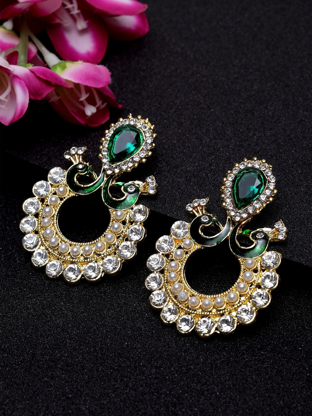 

ANIKAS CREATION Gold-Plated & Green Peacock Shaped Chandbalis