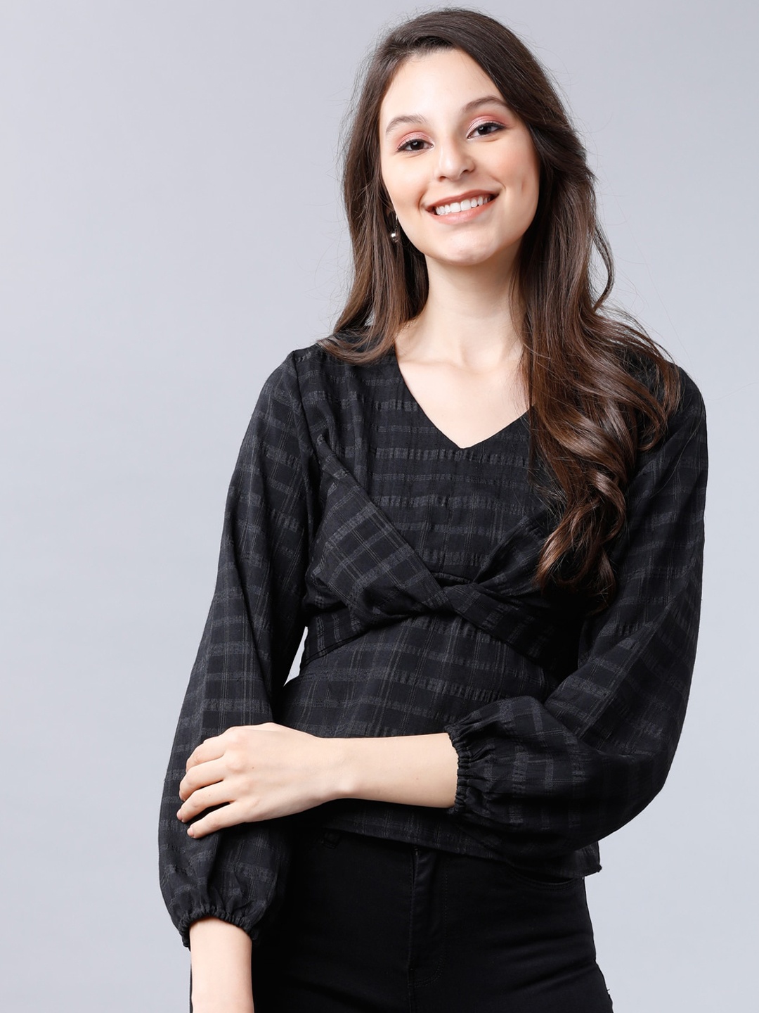 

Tokyo Talkies Women Black Checked Styled Back Top