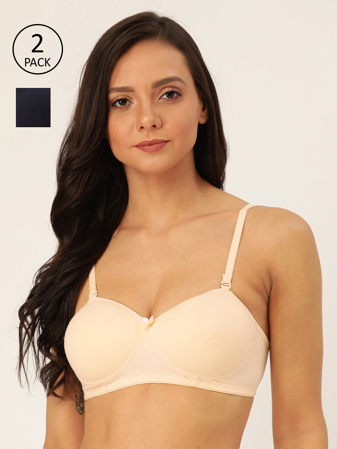 

Lady Lyka Beige & Navy Blue Solid Non-Wired Lightly Padded T-shirt Bra