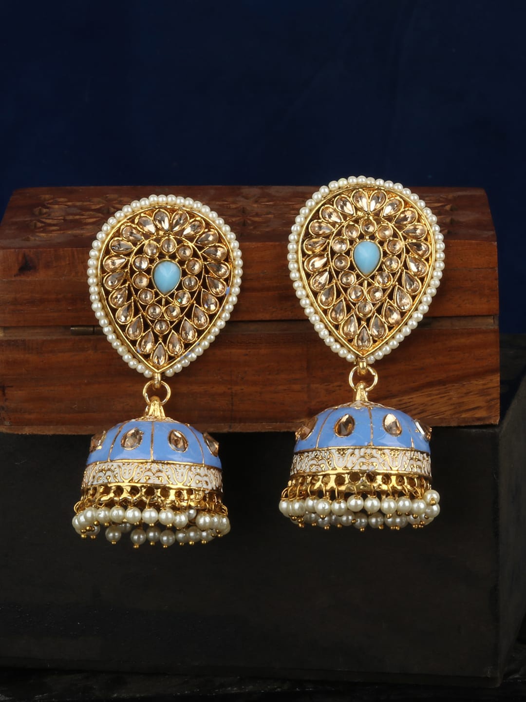 

ANIKAS CREATION Blue & Gold-Plated Dome Shaped Jhumkas