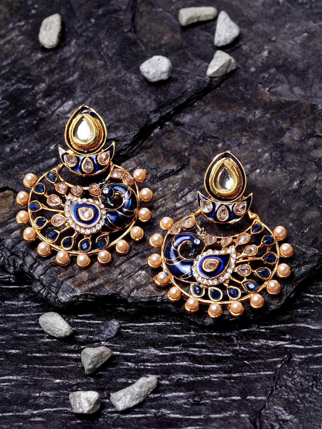 ANIKAS CREATION Blue & Gold-Plated Peacock Shaped Drop Earrings