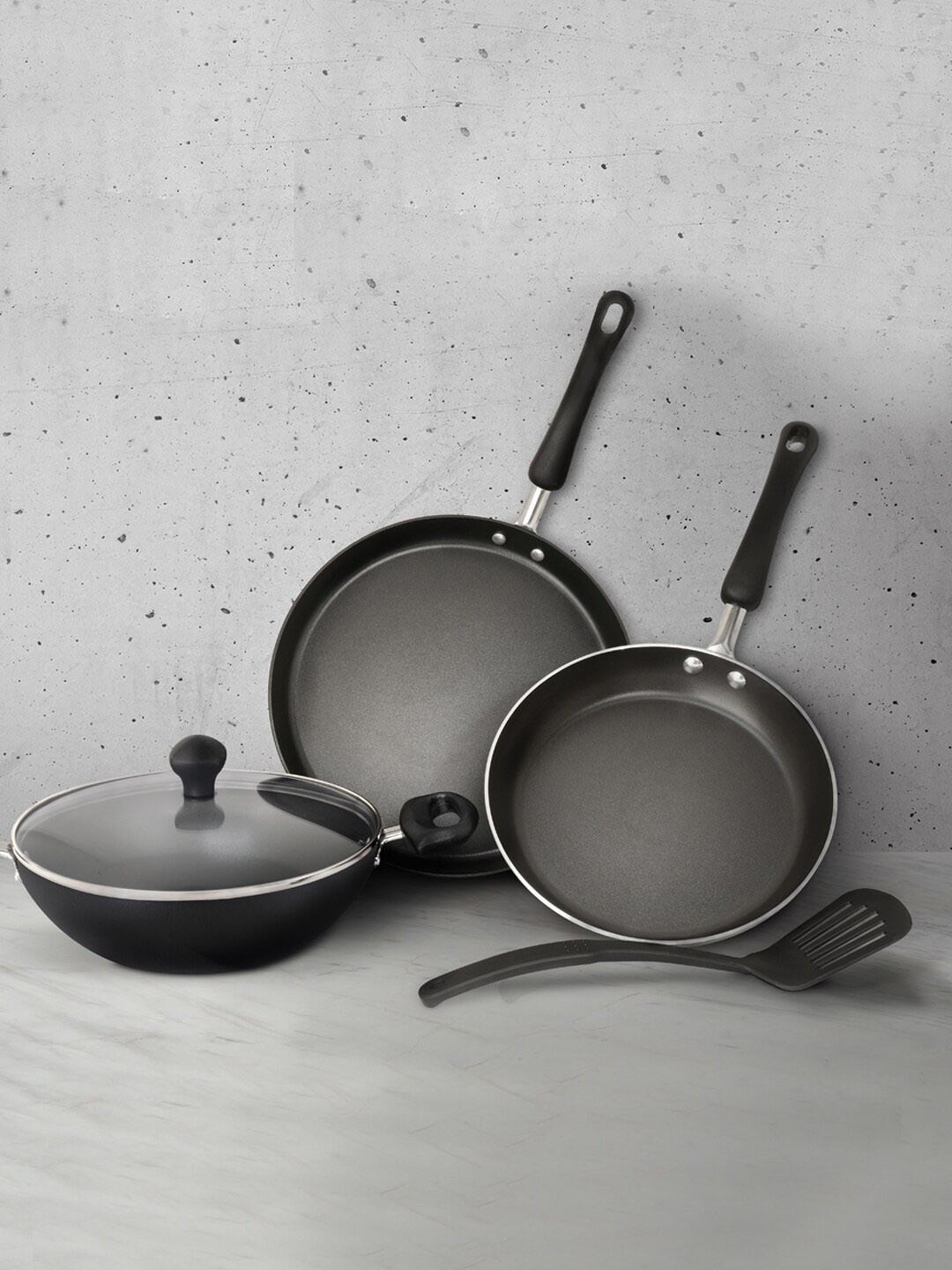 

MEYER Black 5 Pcs Non-Stick Set (28cm Flat Dosa Tawa +24cm Frypan +24cm Kadhai +Turner)