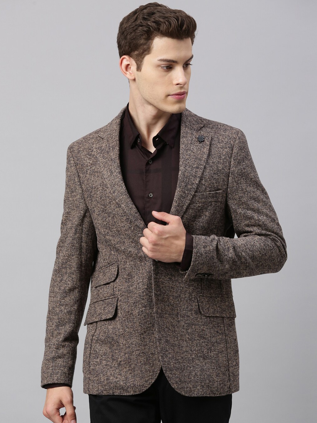 

RARE RABBIT Men Brown Self-Design Single-Breasted Casual Blazer