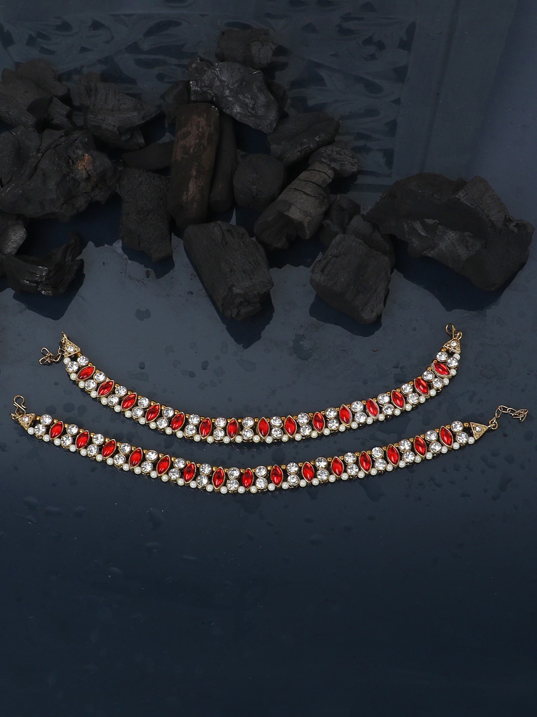 

ANIKAS CREATION Set Of 2 Gold-Plated White & Red Handcrafted Anklets