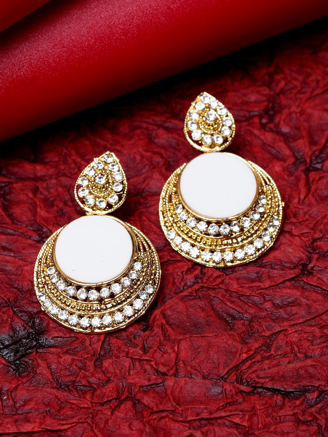 

ANIKAS CREATION White & Gold-Plated Handcrafted Circular Drop Earrings