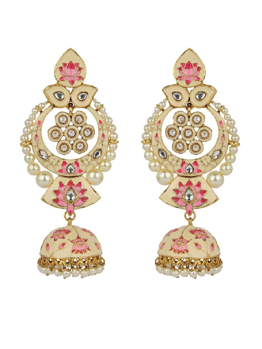

ANIKAS CREATION Gold-Plated & Beige Classic Jhumkas