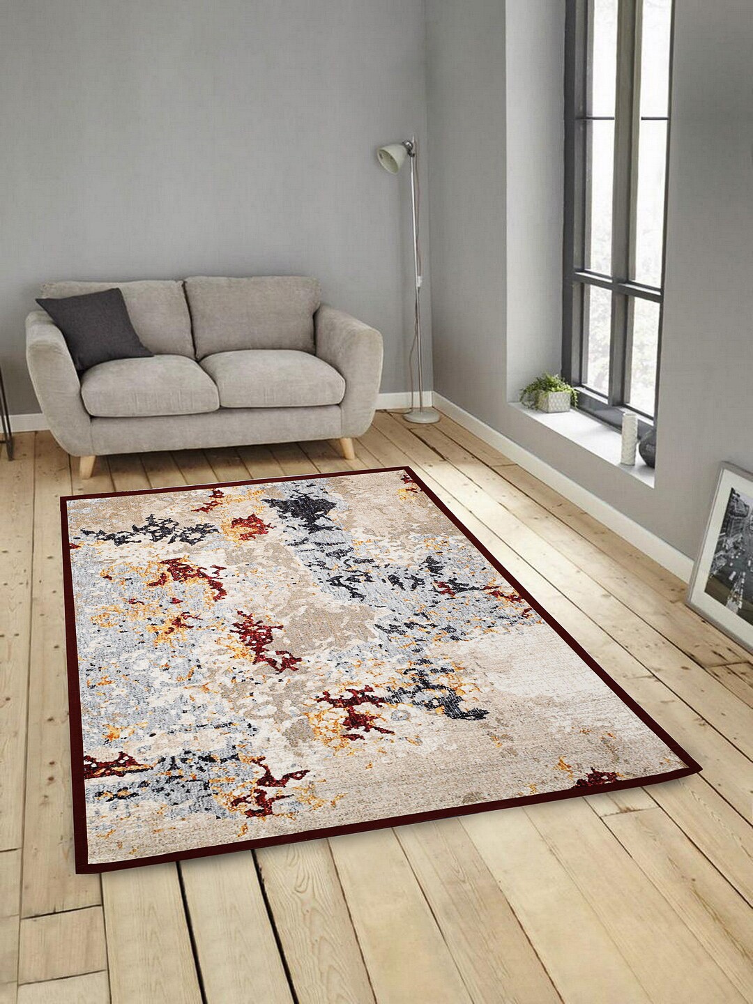 

ROMEE Beige & Blue Printed Anti-Skid Carpet