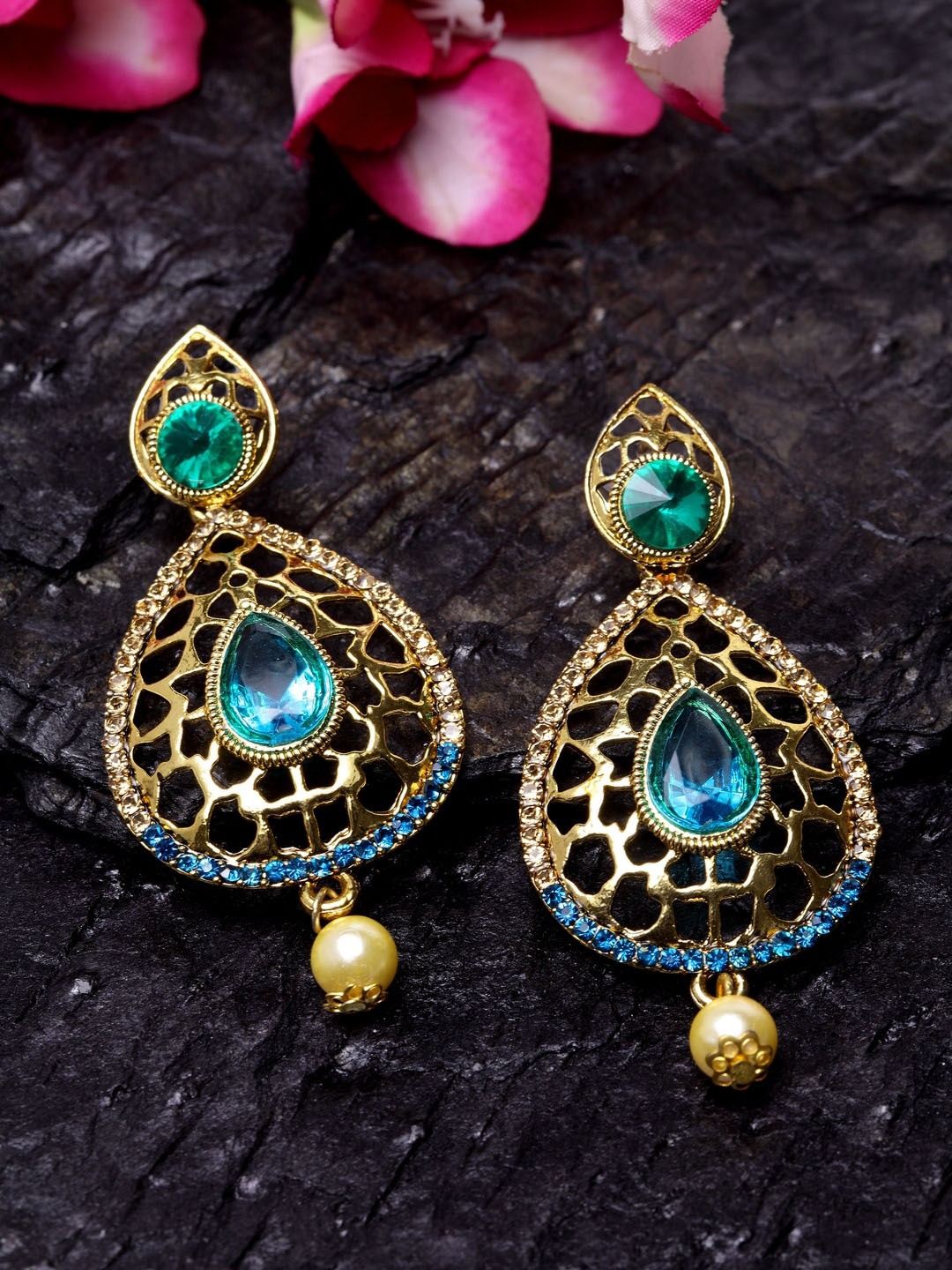 

ANIKAS CREATION Turquoise Blue & Gold-Plated Teardrop Shaped Drop Earrings